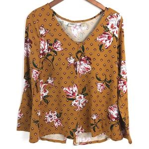 Daytrip Womens Top Large Yellow Floral V Neck Long Sleeve Stretch Open Back